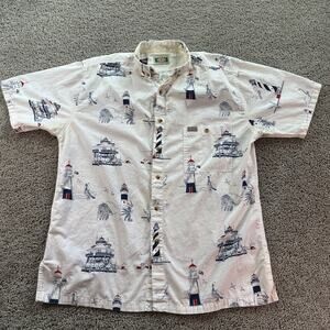 VINTAGE GPS Global Tracking Shirt Mens L White AOP Lighthouses Button Up FLAW